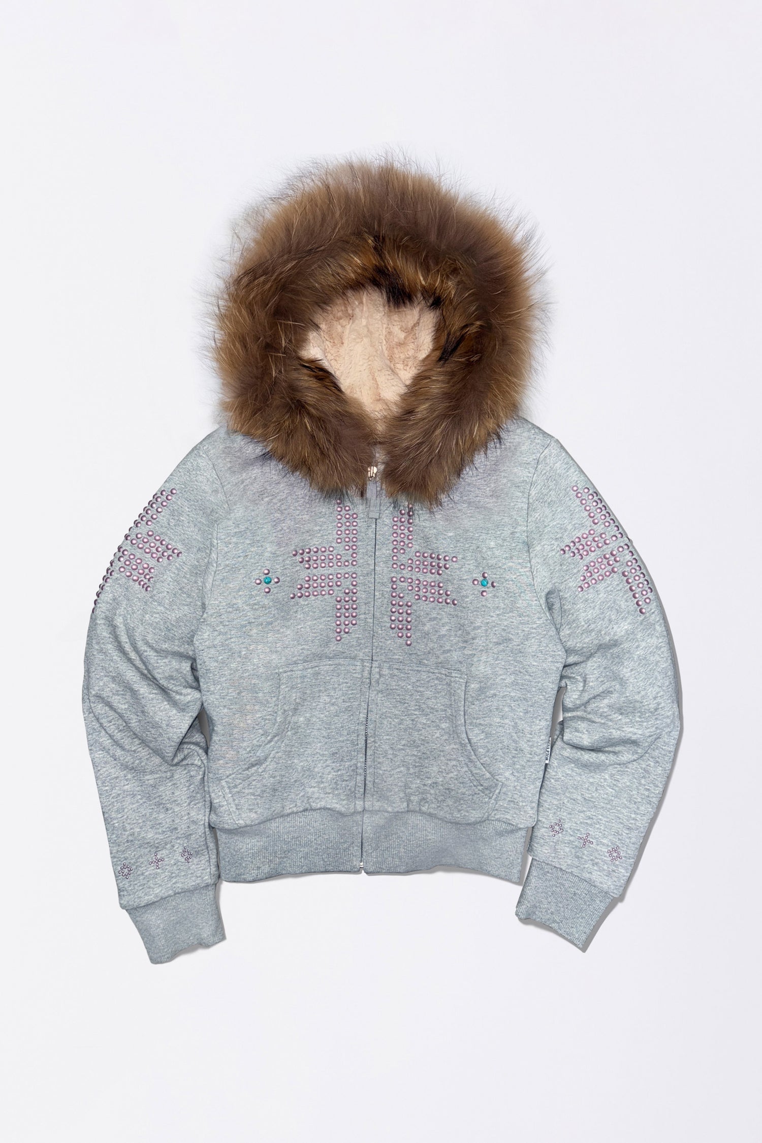 Fur Trimming Hooded Zip-Up Melange Gray