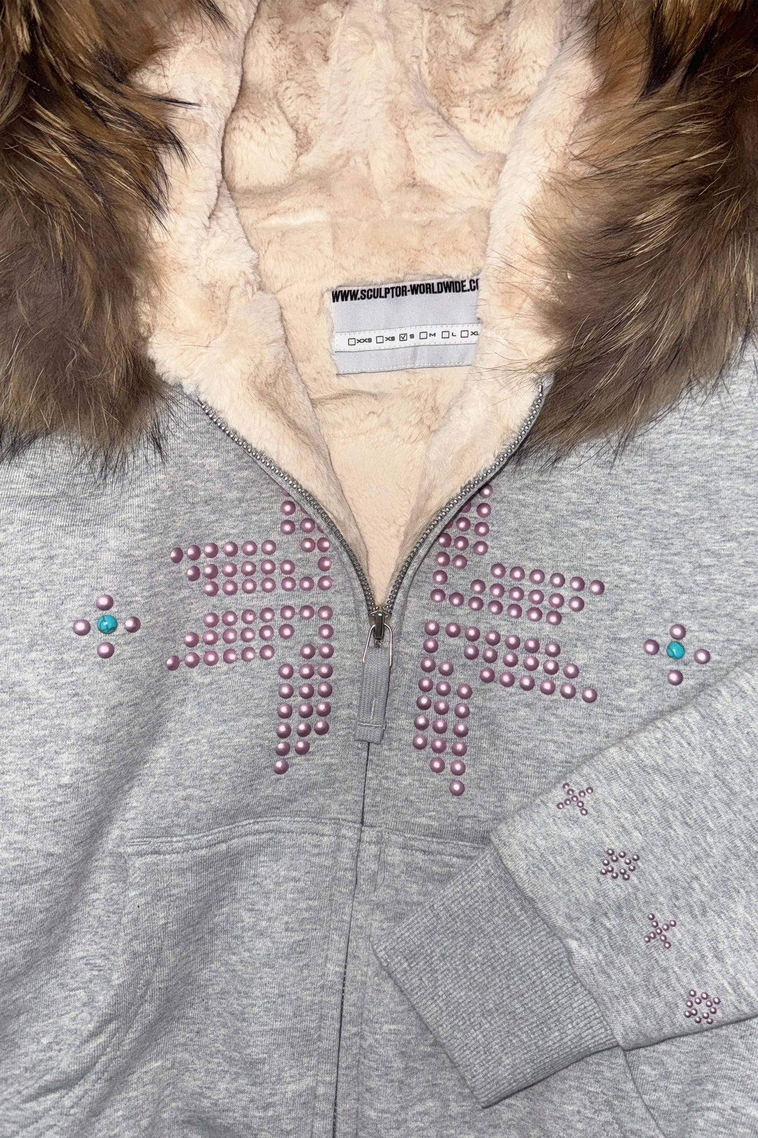 Fur Trimming Hooded Zip-Up Melange Gray