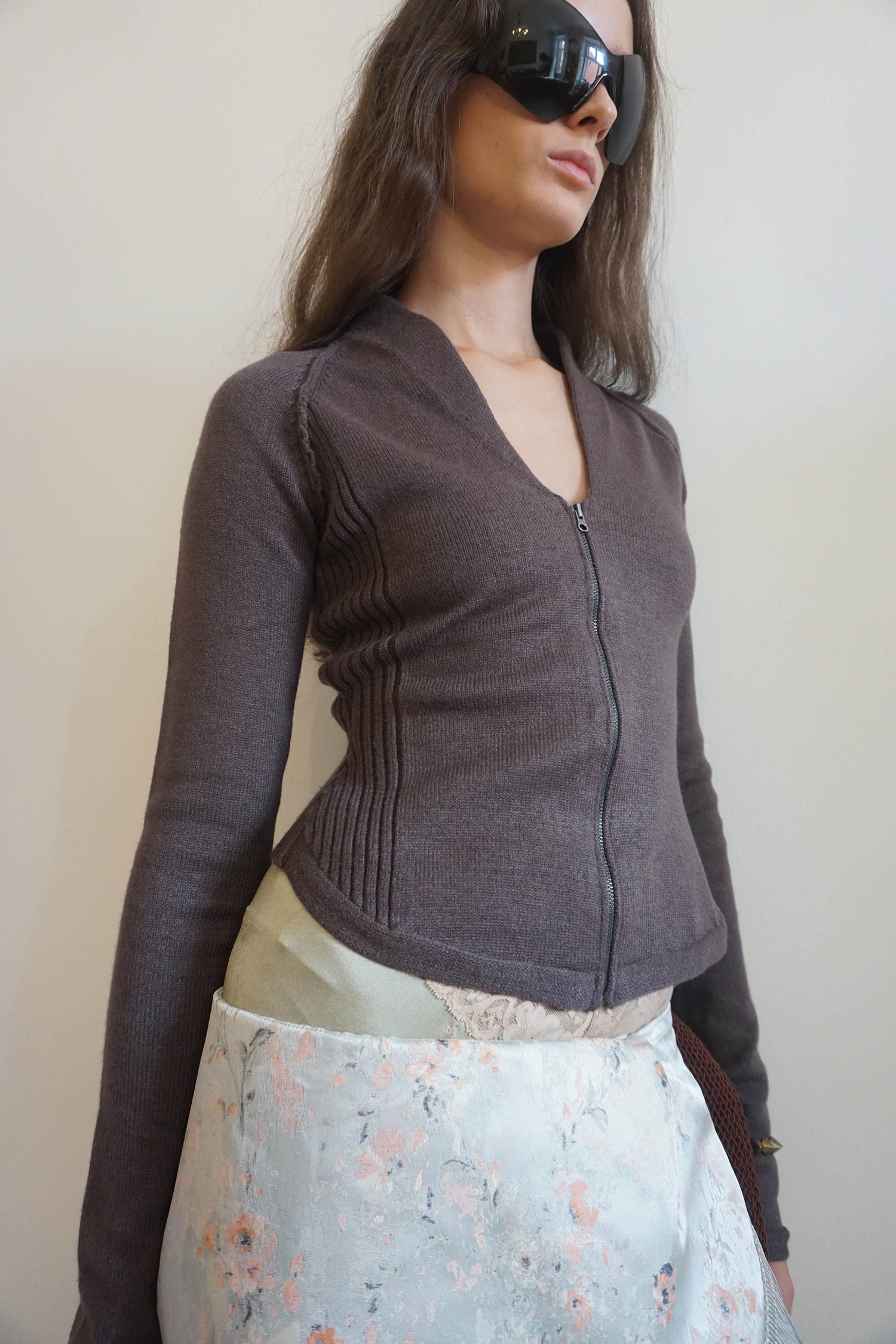 Open Collar Knit Zip-Up Mocha