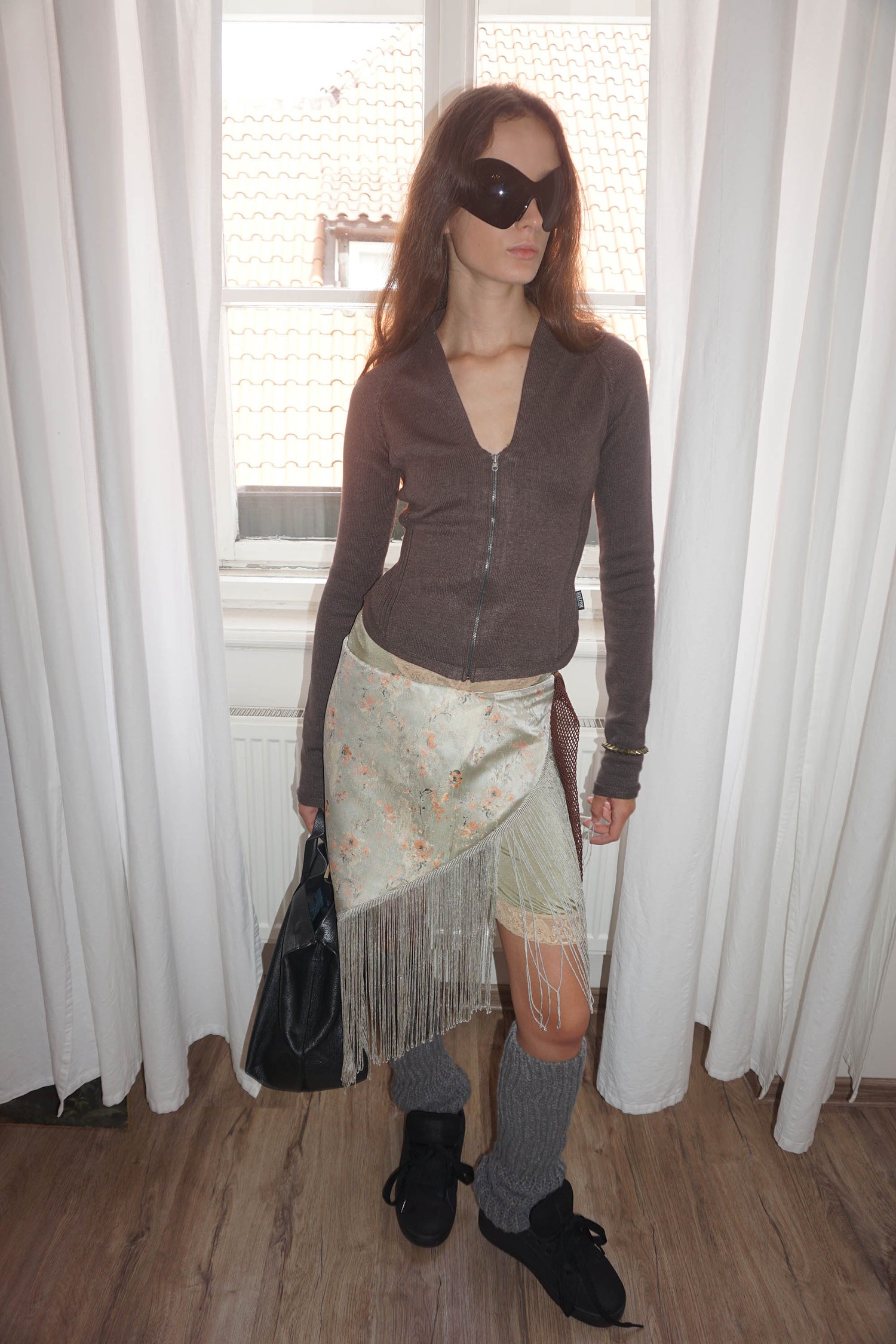 Open Collar Knit Zip-Up Mocha