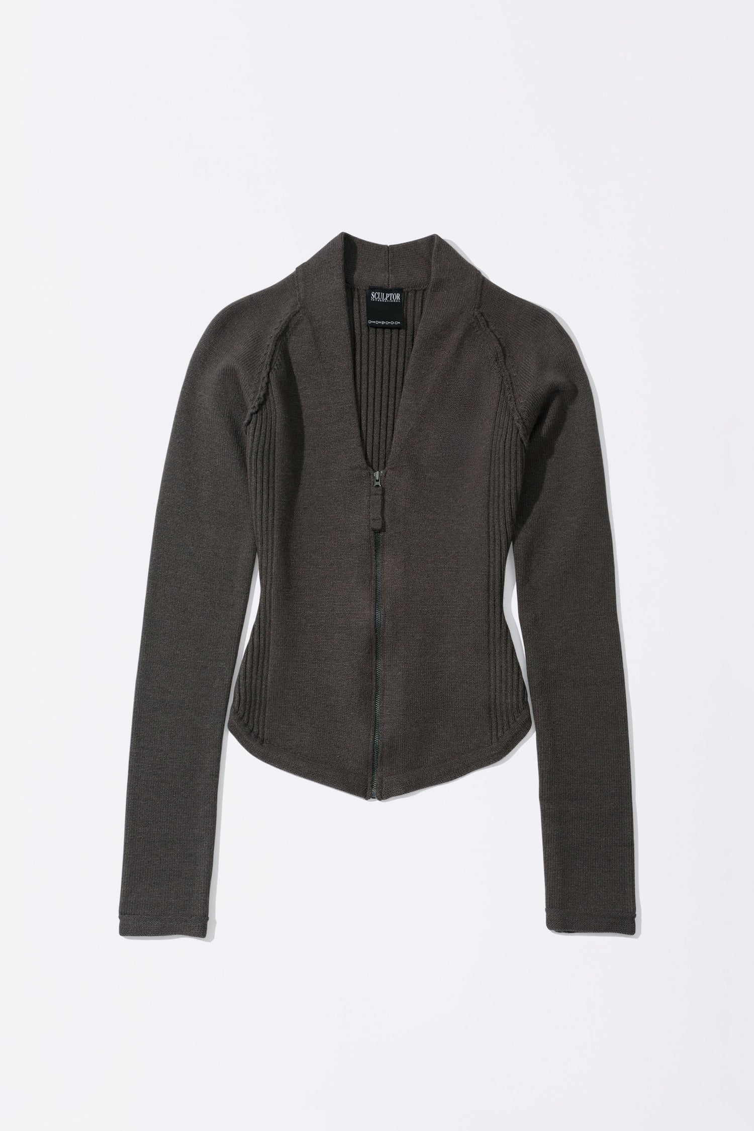 Open Collar Knit Zip-Up Mocha