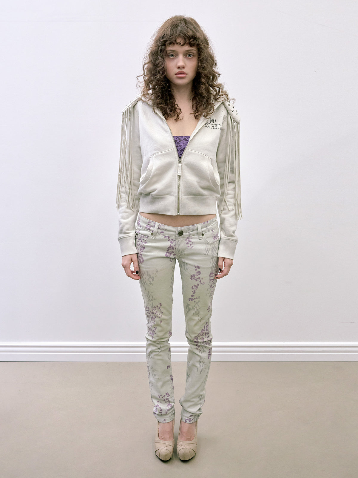 Padded Shoulder Zip-Up Hoodie Dirty White