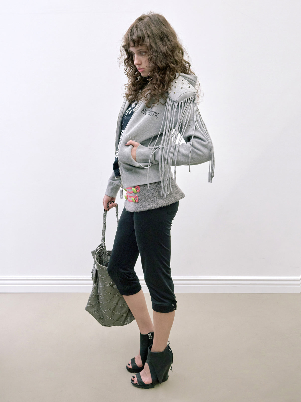 Padded Shoulder Zip-Up Hoodie Melange Gray