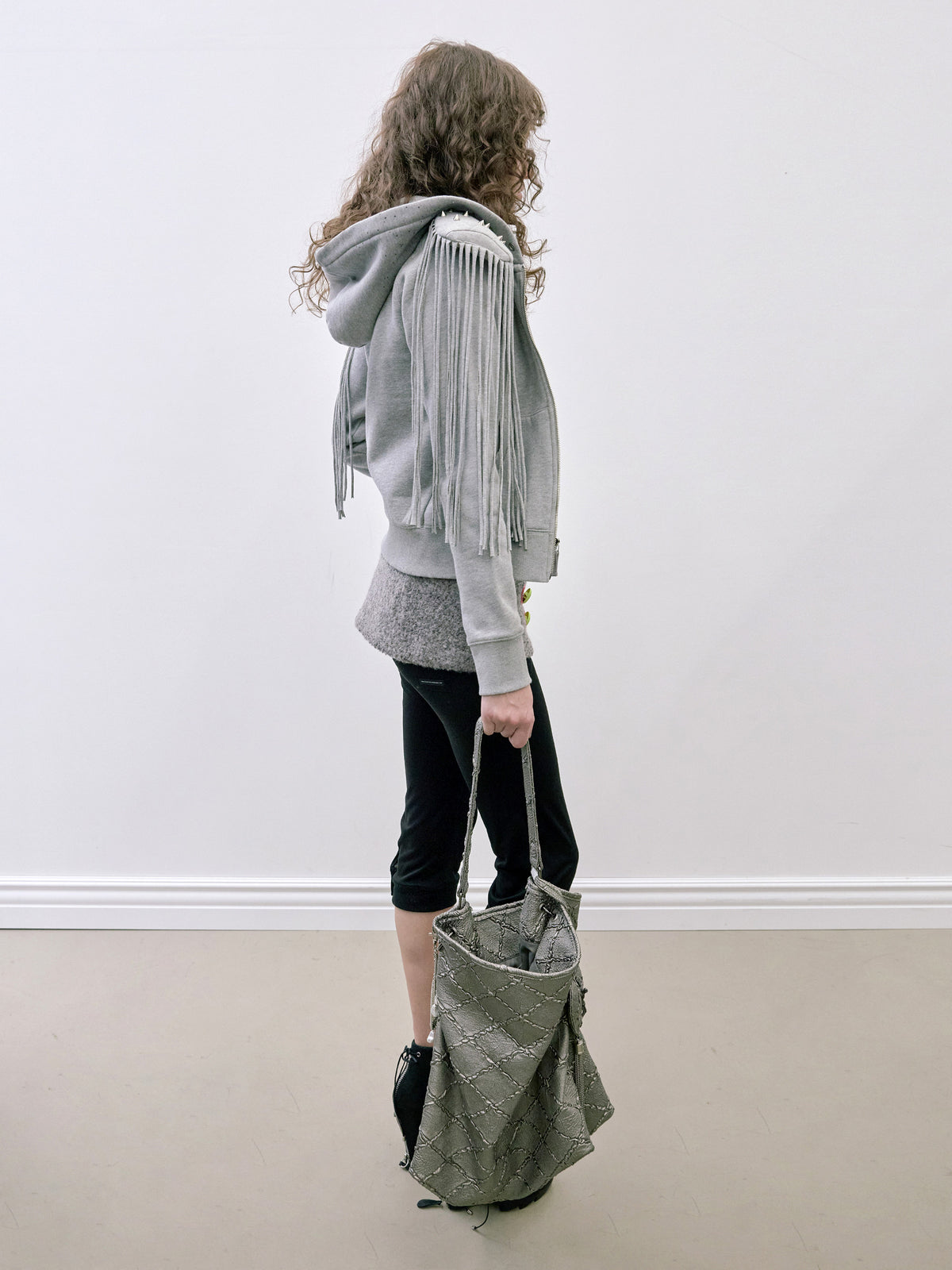 Padded Shoulder Zip-Up Hoodie Melange Gray
