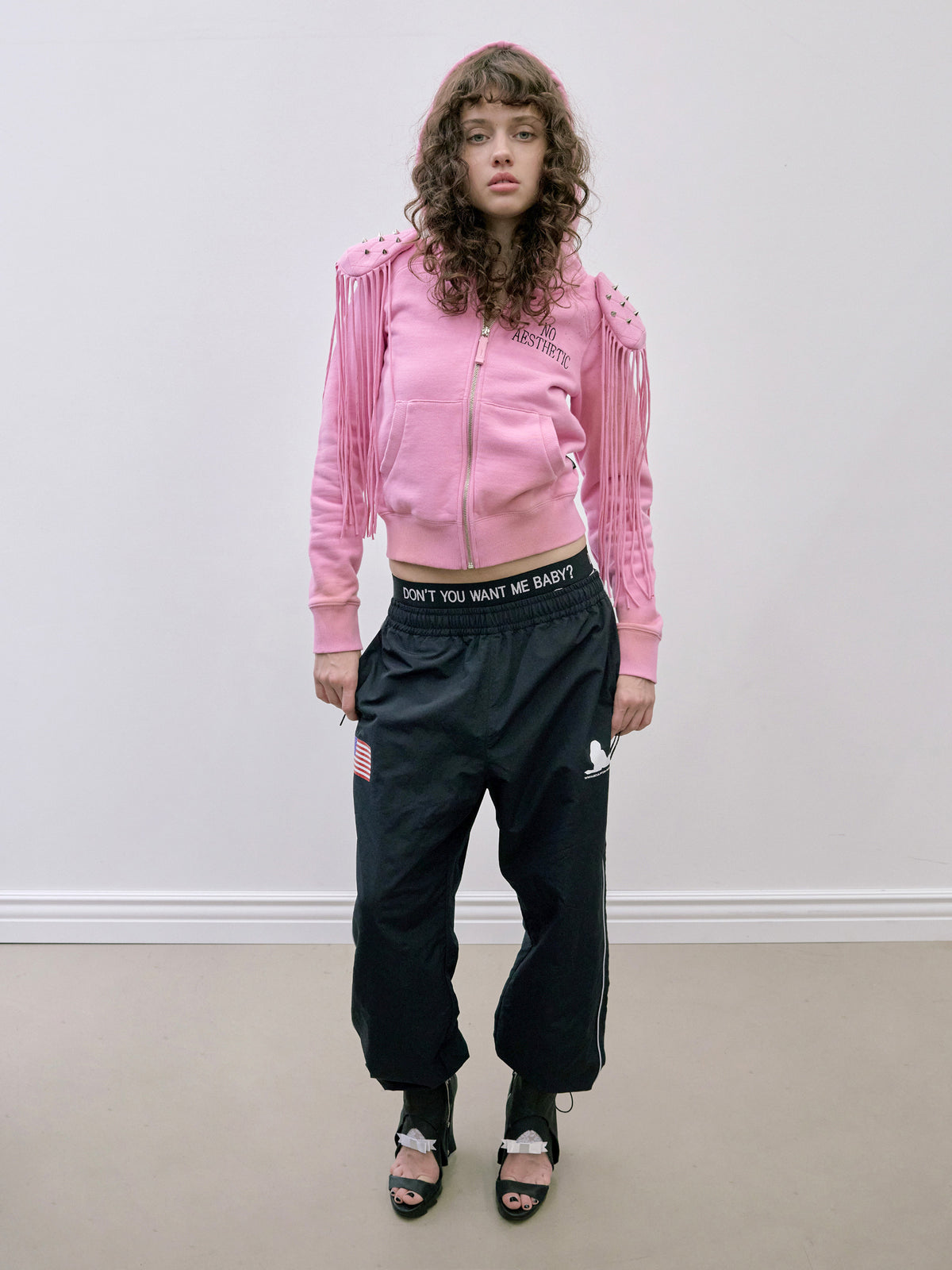Padded Shoulder Zip-Up Hoodie Pink