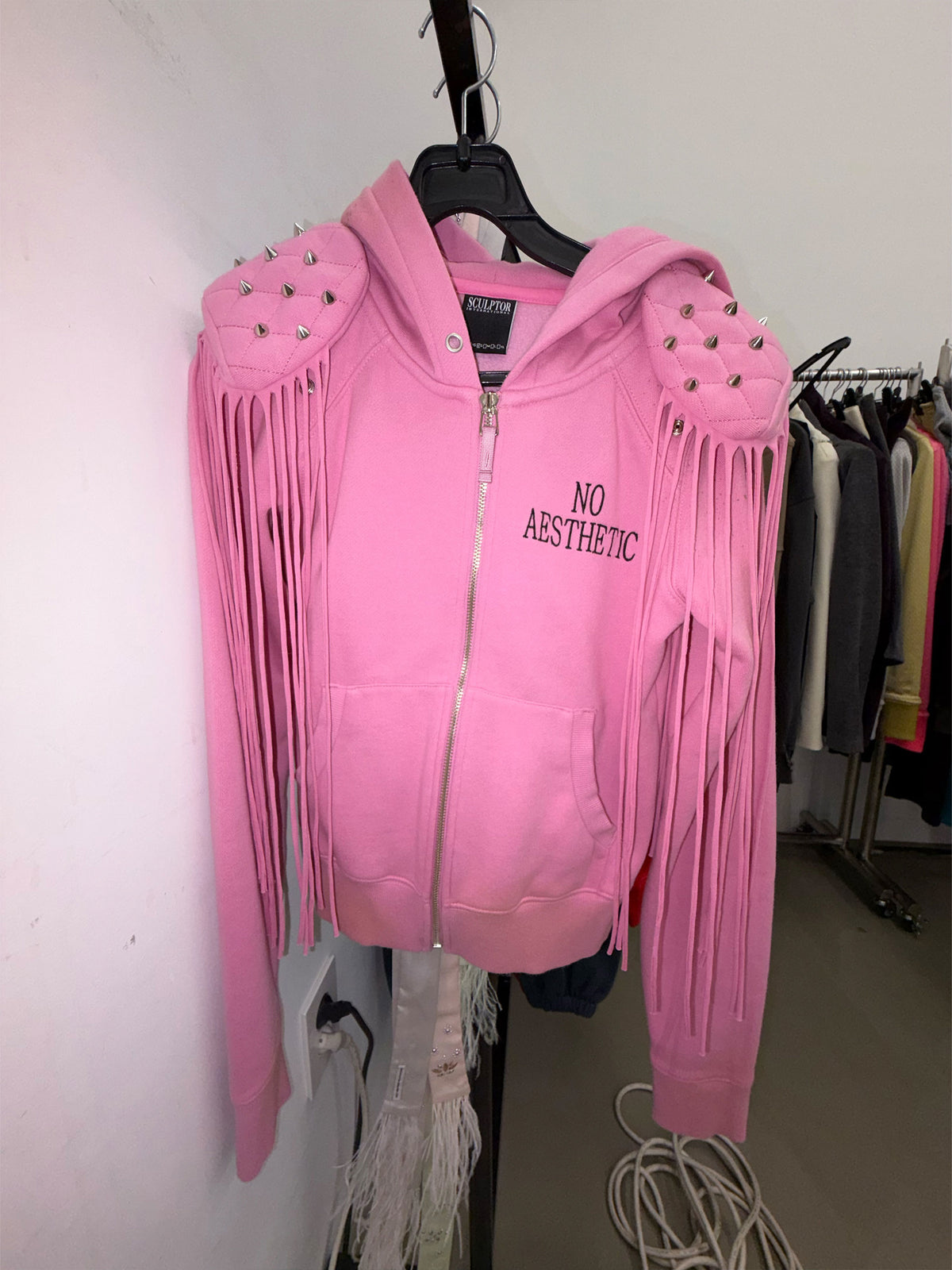 Padded Shoulder Zip-Up Hoodie Pink