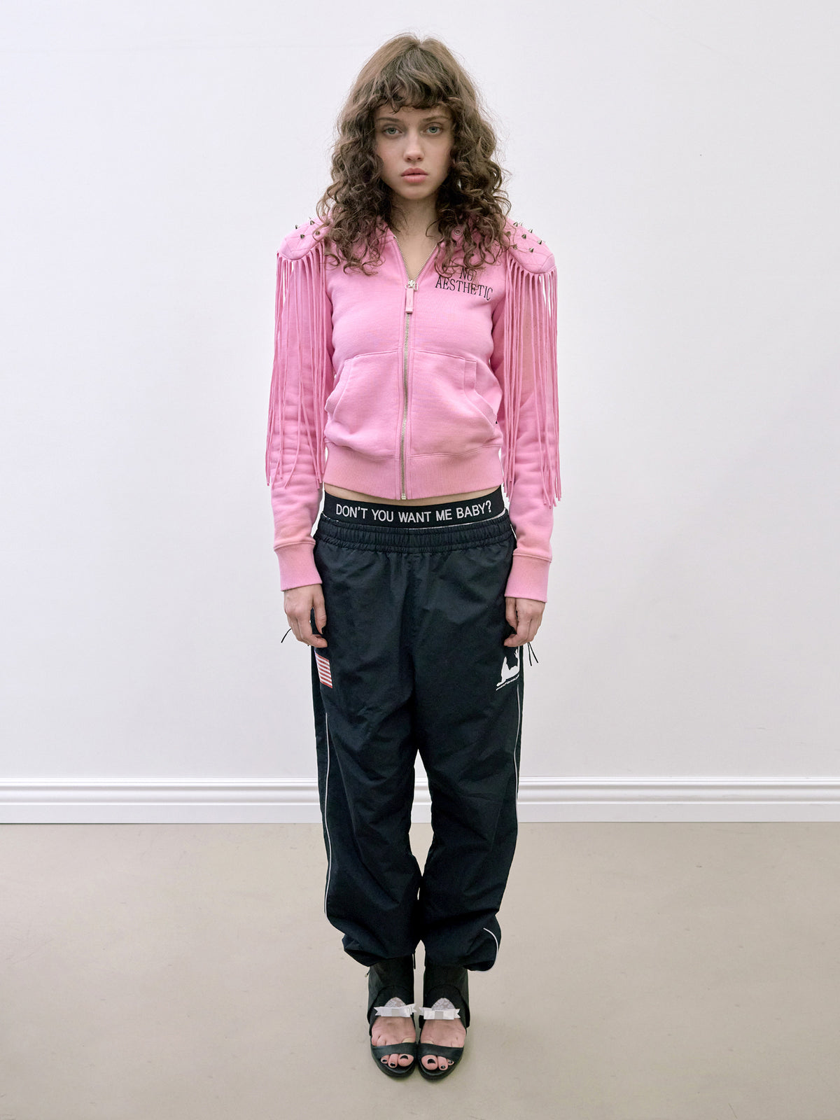Padded Shoulder Zip-Up Hoodie Pink