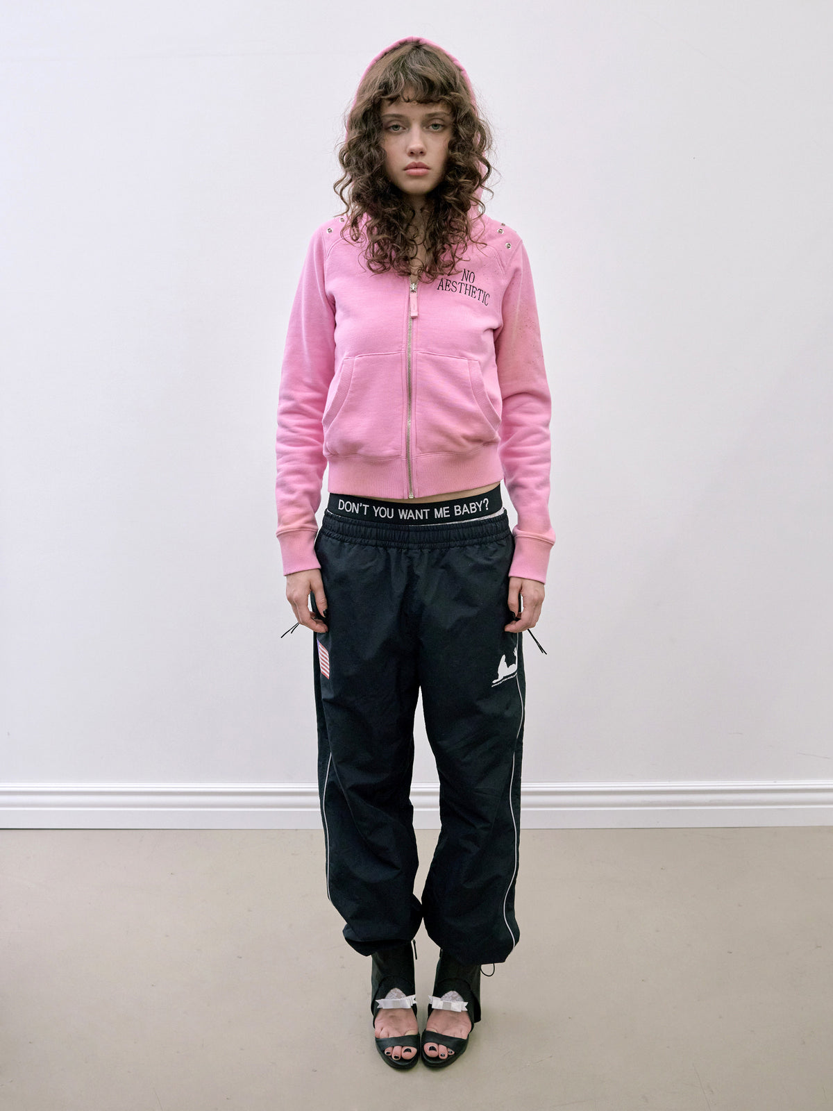 Padded Shoulder Zip-Up Hoodie Pink