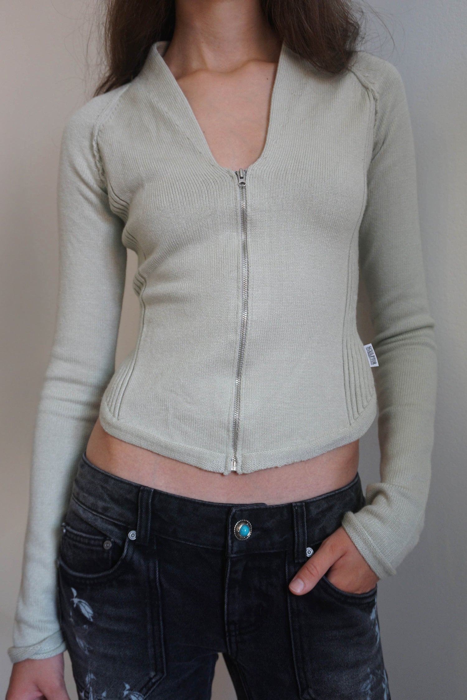 Open Collar Knit Zip-Up Pale Mint