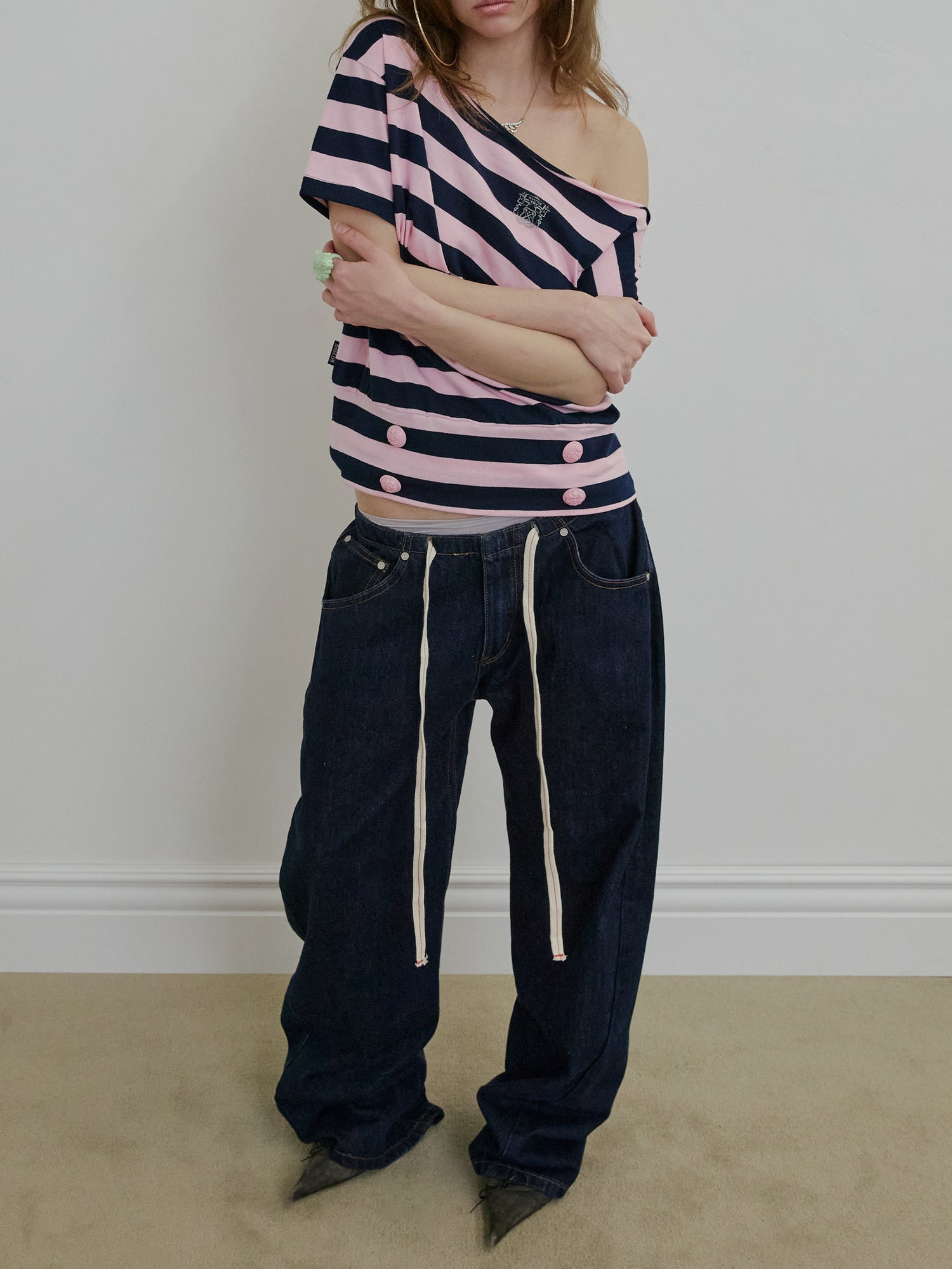 Button Stripe Tee Pink