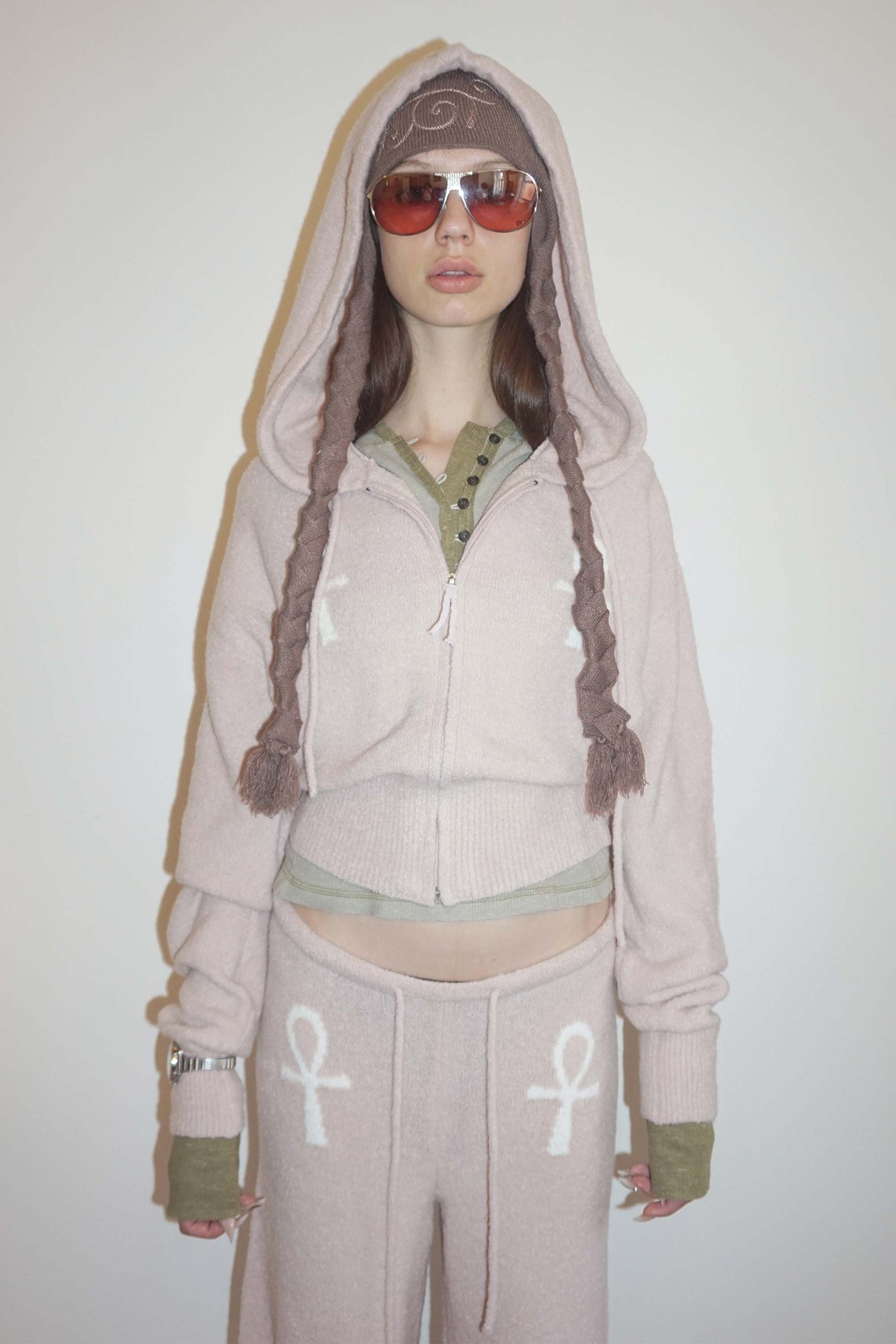 Ankh Boucle Knit Cardigan Pink