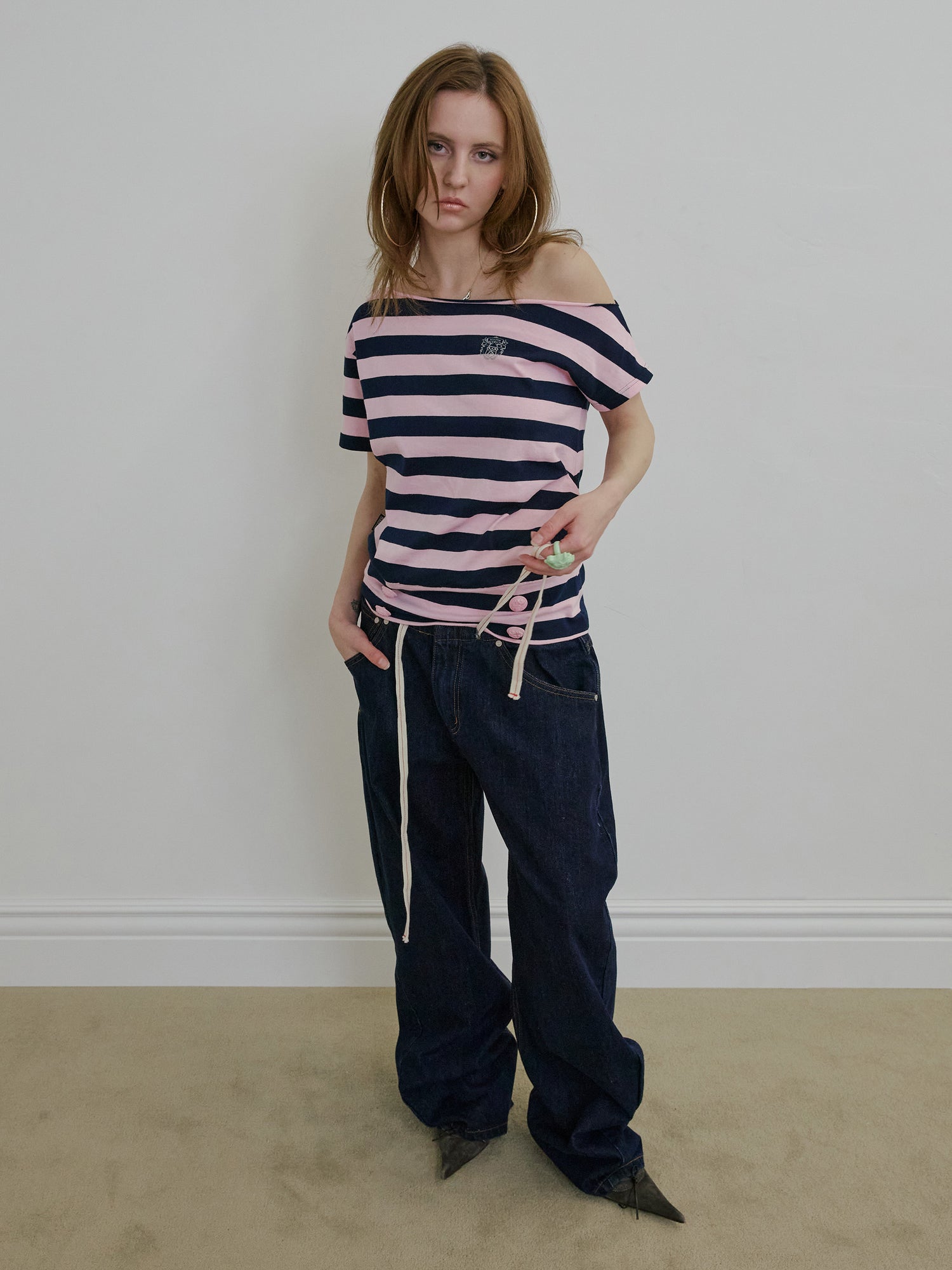 Button Stripe Tee Pink