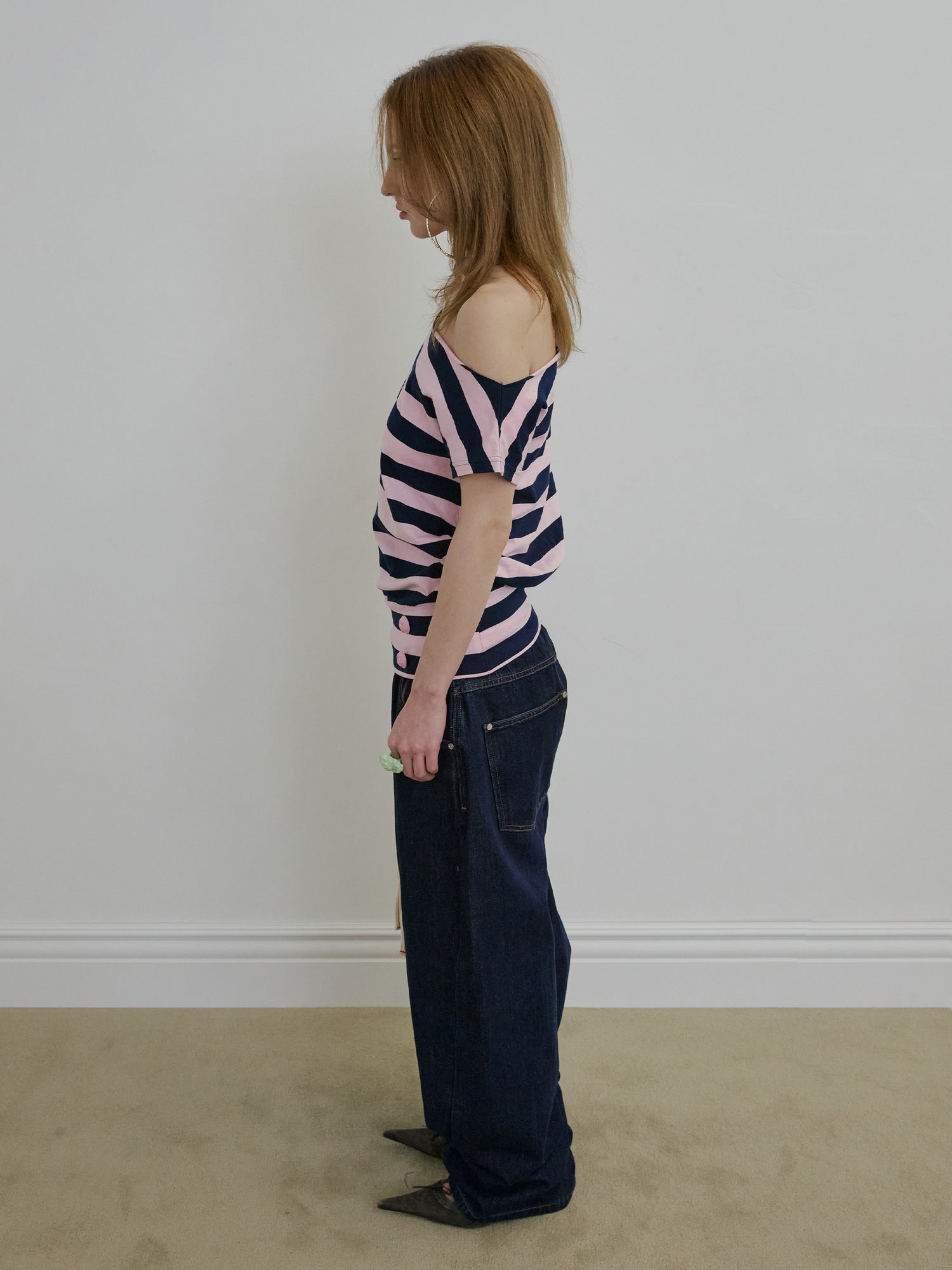 Button Stripe Tee Pink