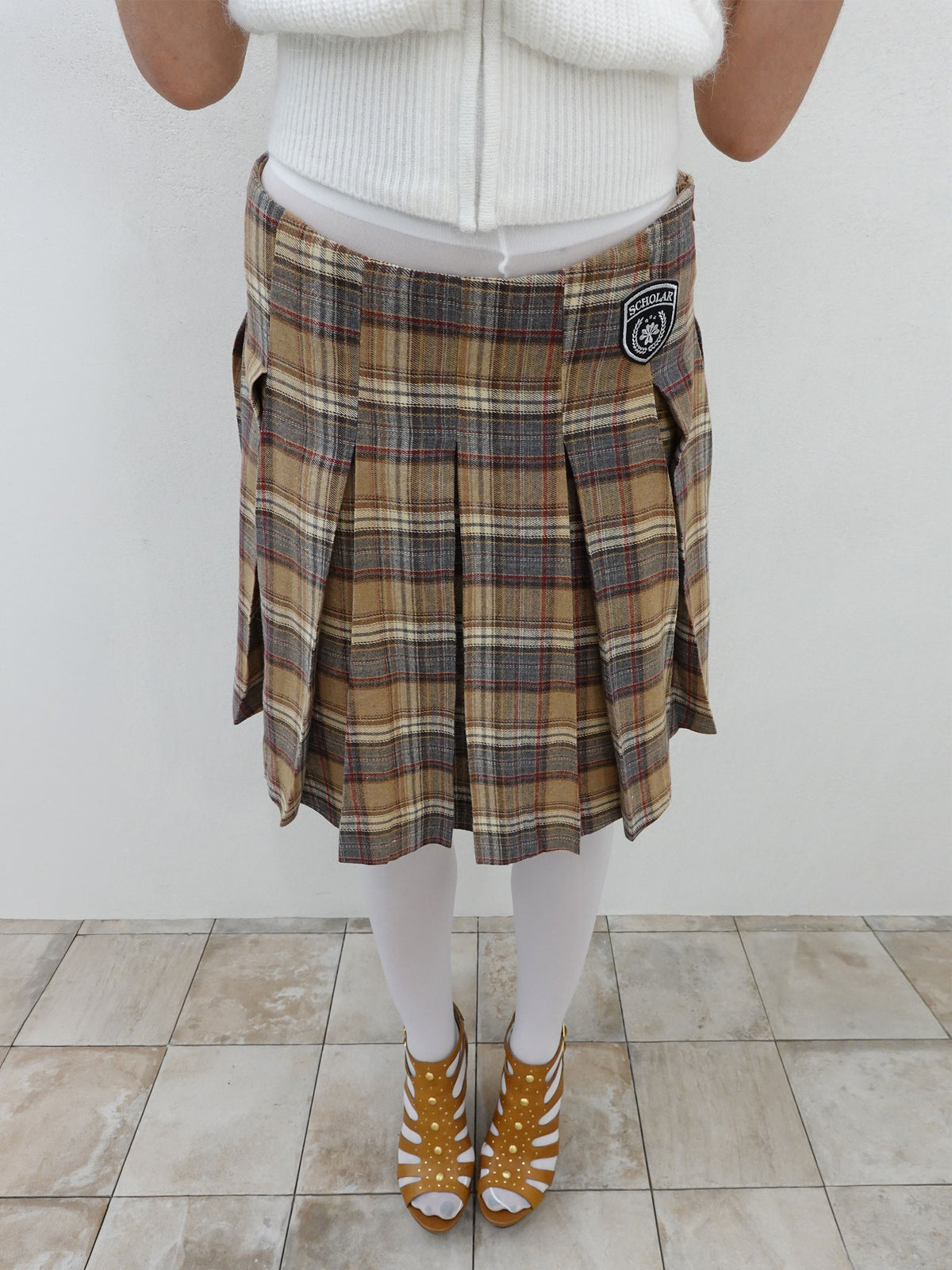 Plaid Pleated Midi Skirt Beige