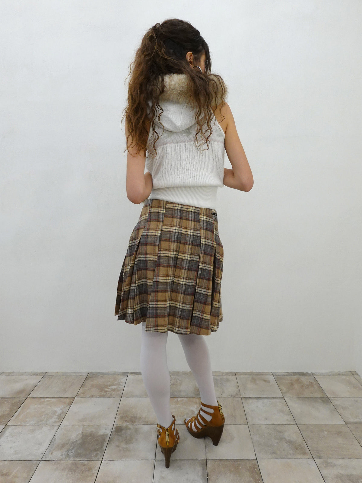 Plaid Pleated Midi Skirt Beige