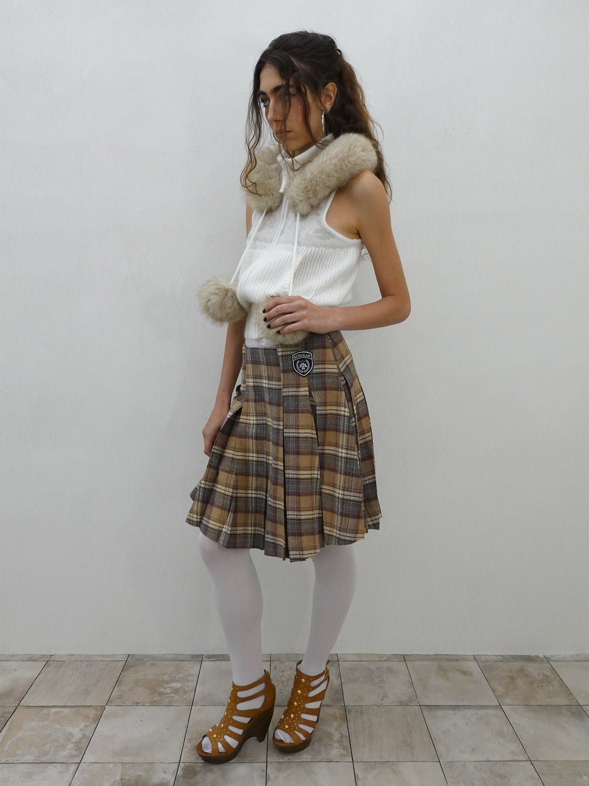 Plaid Pleated Midi Skirt Beige
