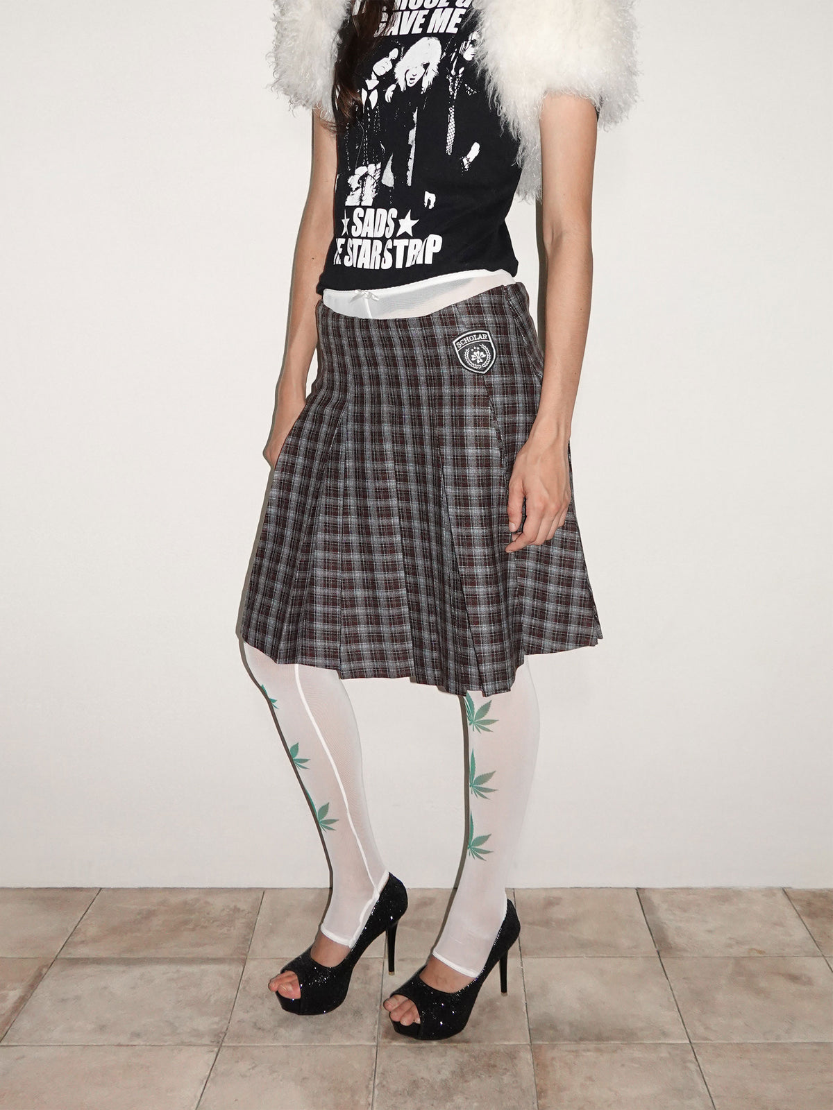 Plaid Pleated Midi Skirt Brown
