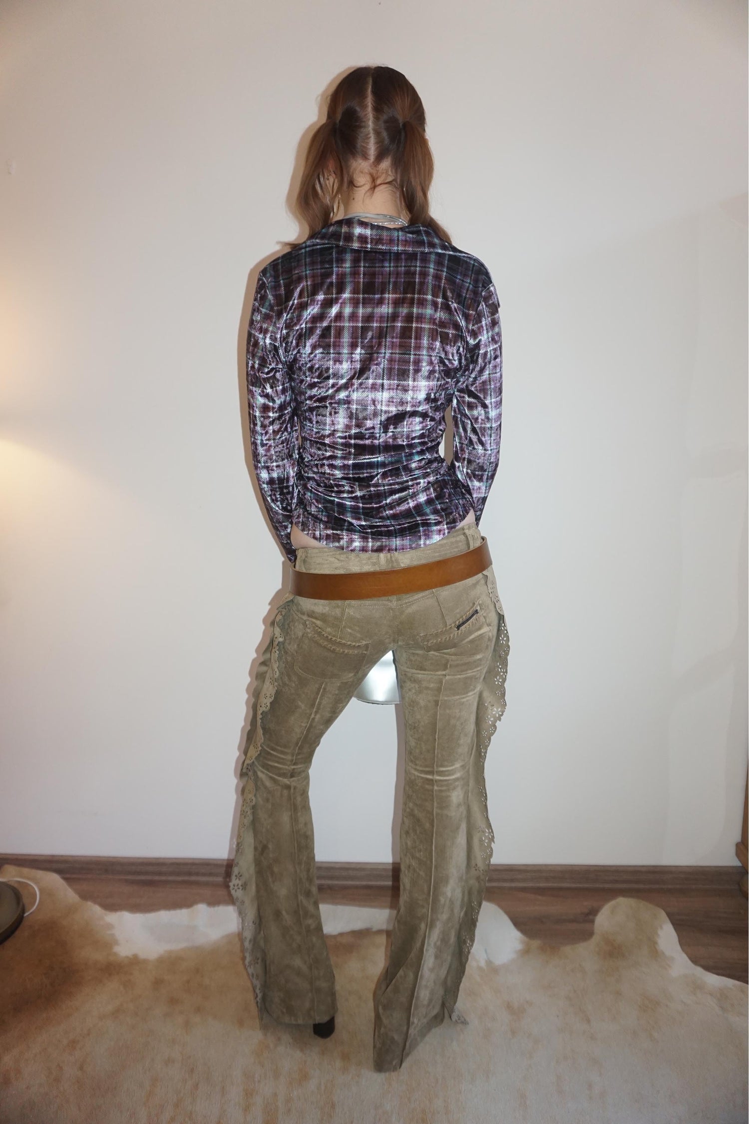 Velour Collar Shirt Purple Check