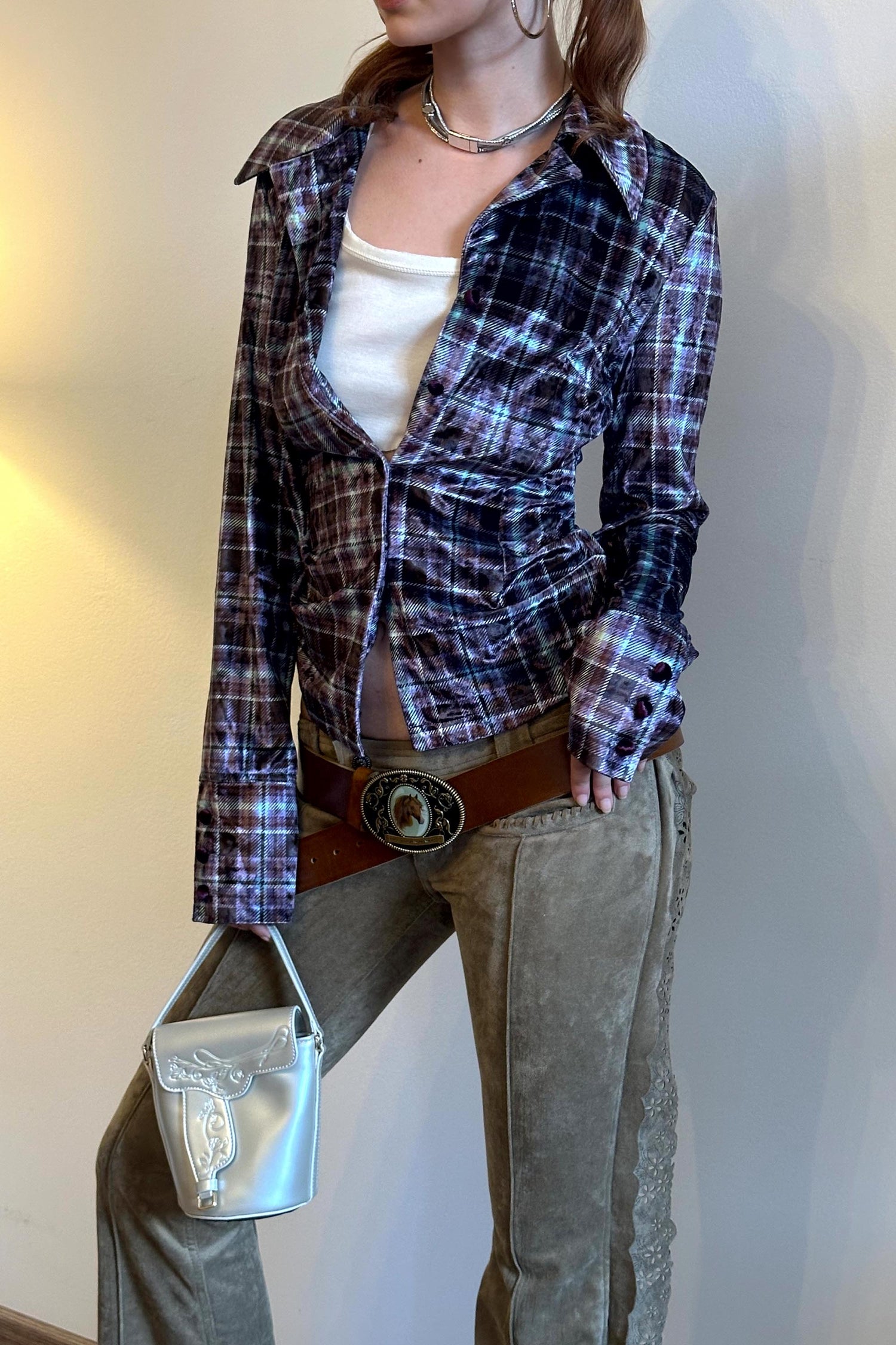 Velour Collar Shirt Purple Check