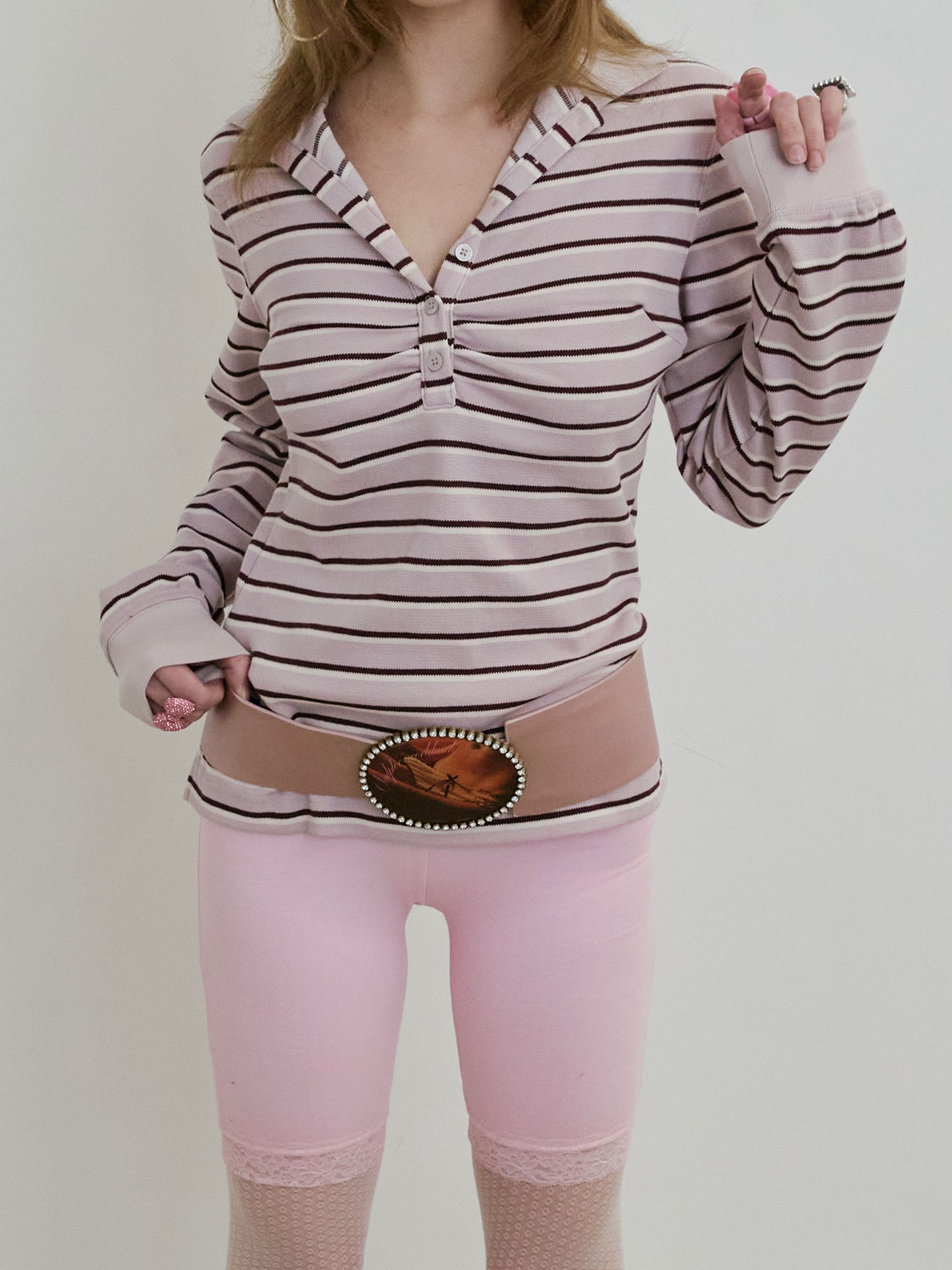Shirring Tennis Shirt Lavender Stripe