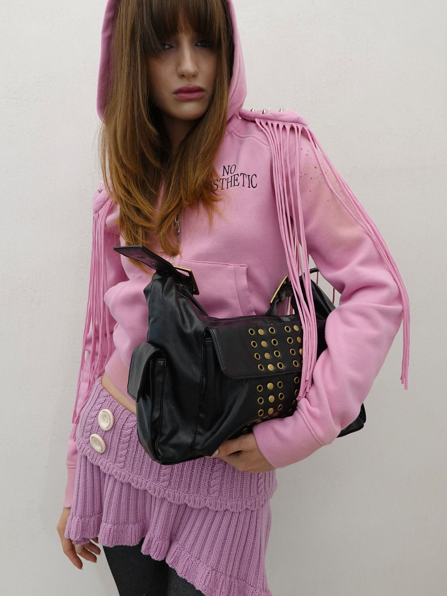 Stud Eyelet Shoulder Bag Black