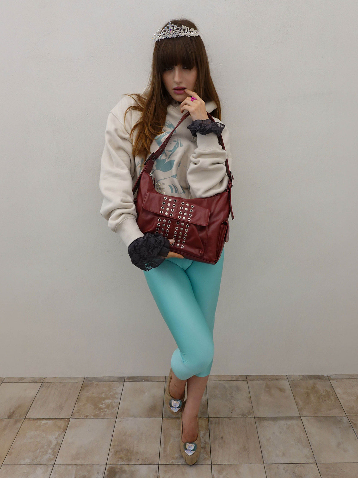 Stud Eyelet Shoulder Bag Red