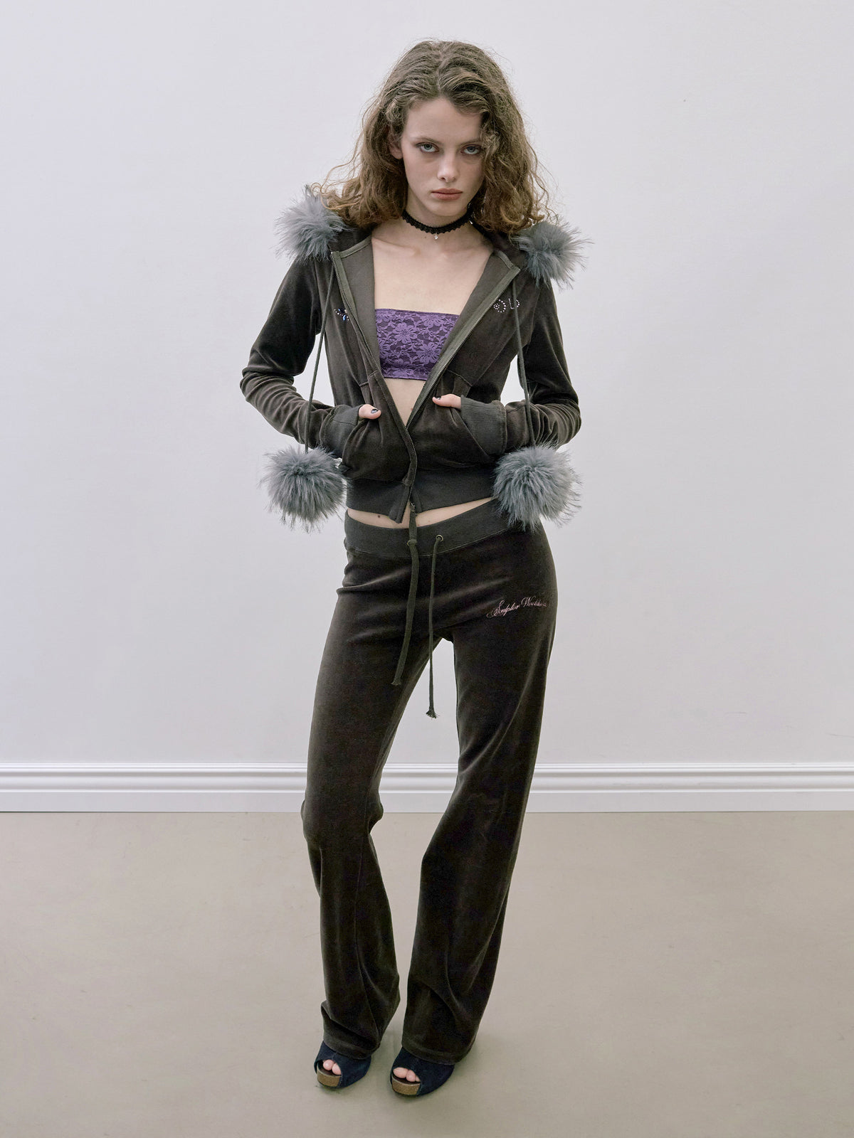 Velour Track Hooded Zip-Up Brown