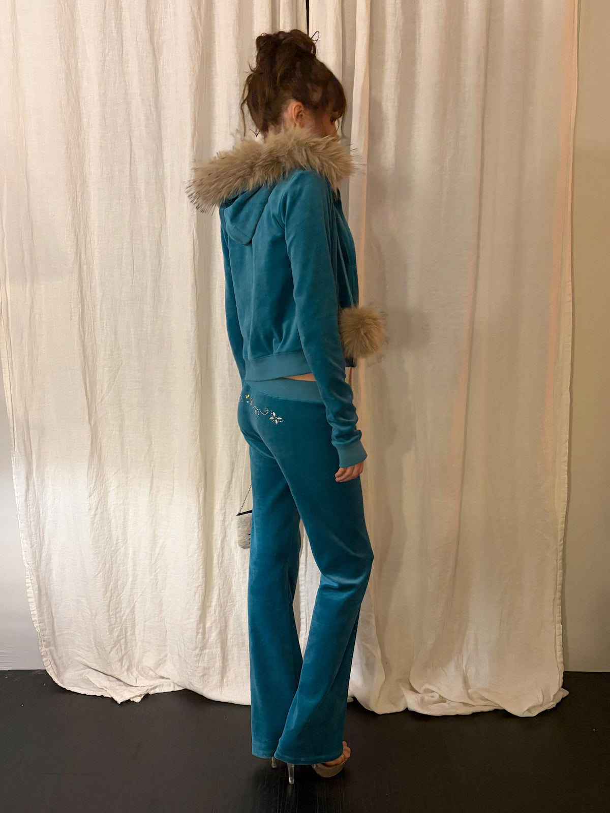 Velour Track Hooded Zip-Up Teal
