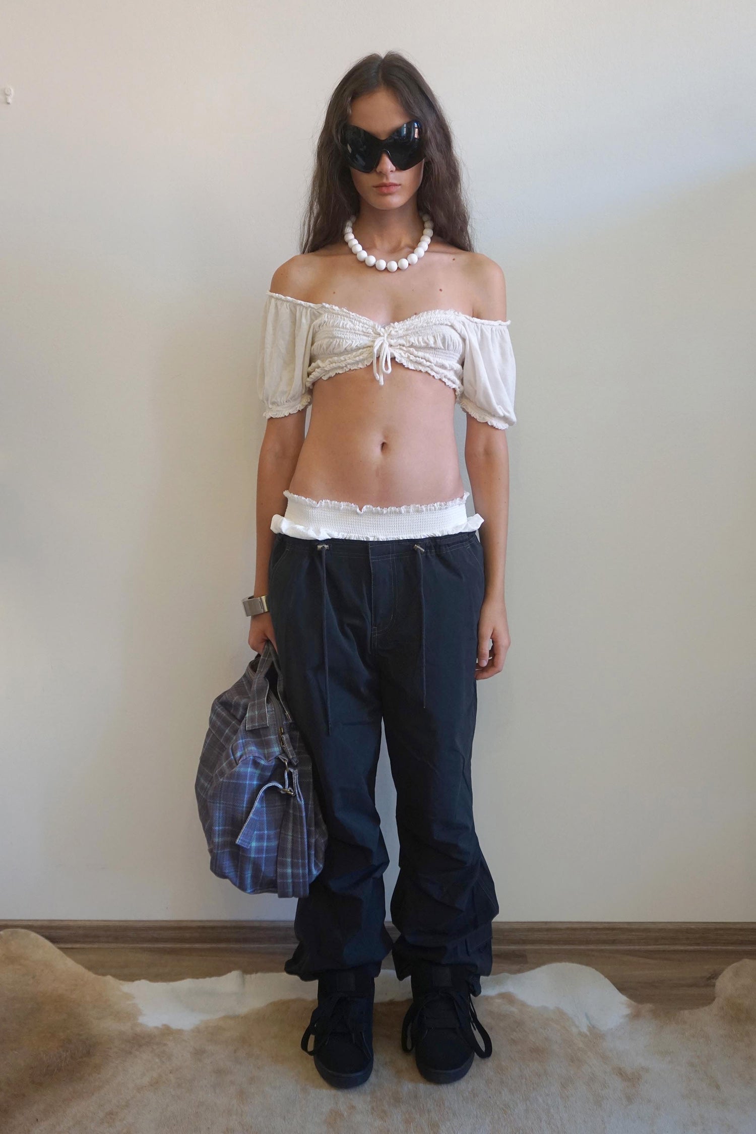 String Parachute Pants Washed Black