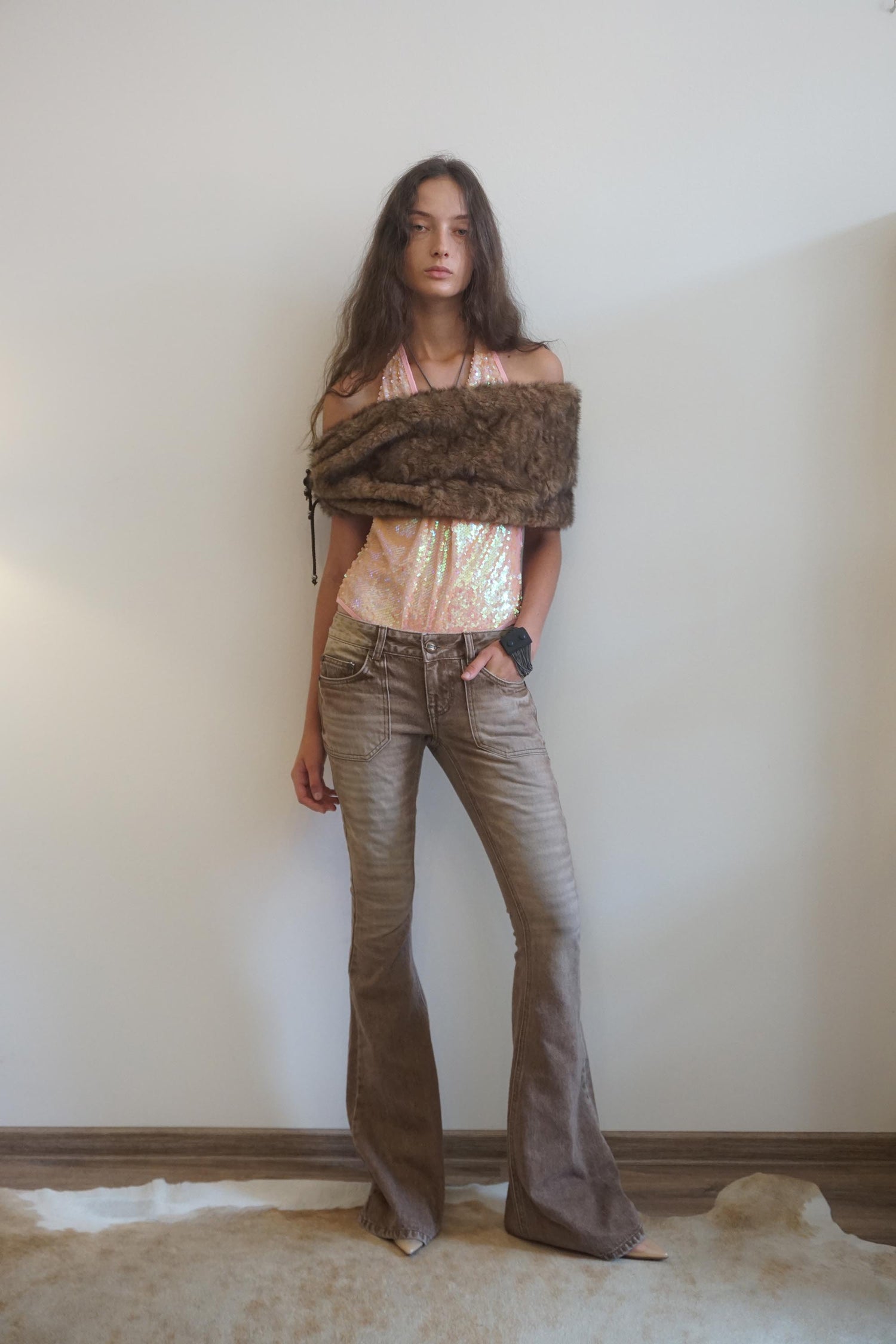 Whiskered Bootcut Denim Washed Brown