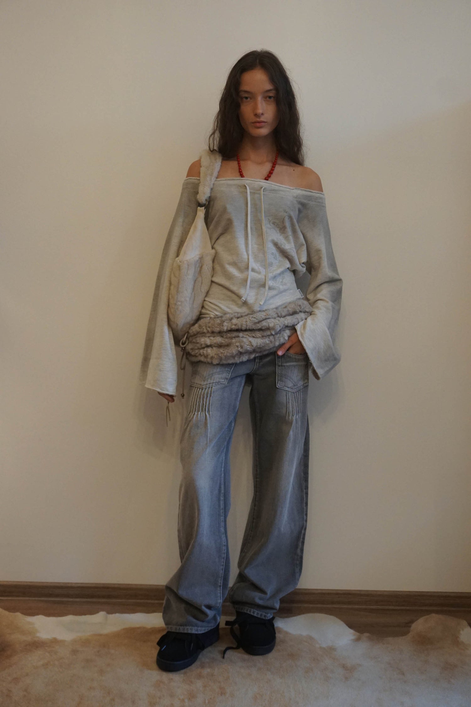Pintuck Pocket Denim Pants Washed Gray