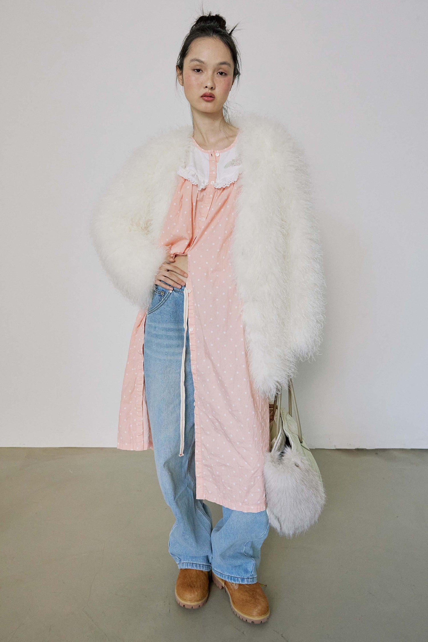 Faux Fur Middle Jacket White