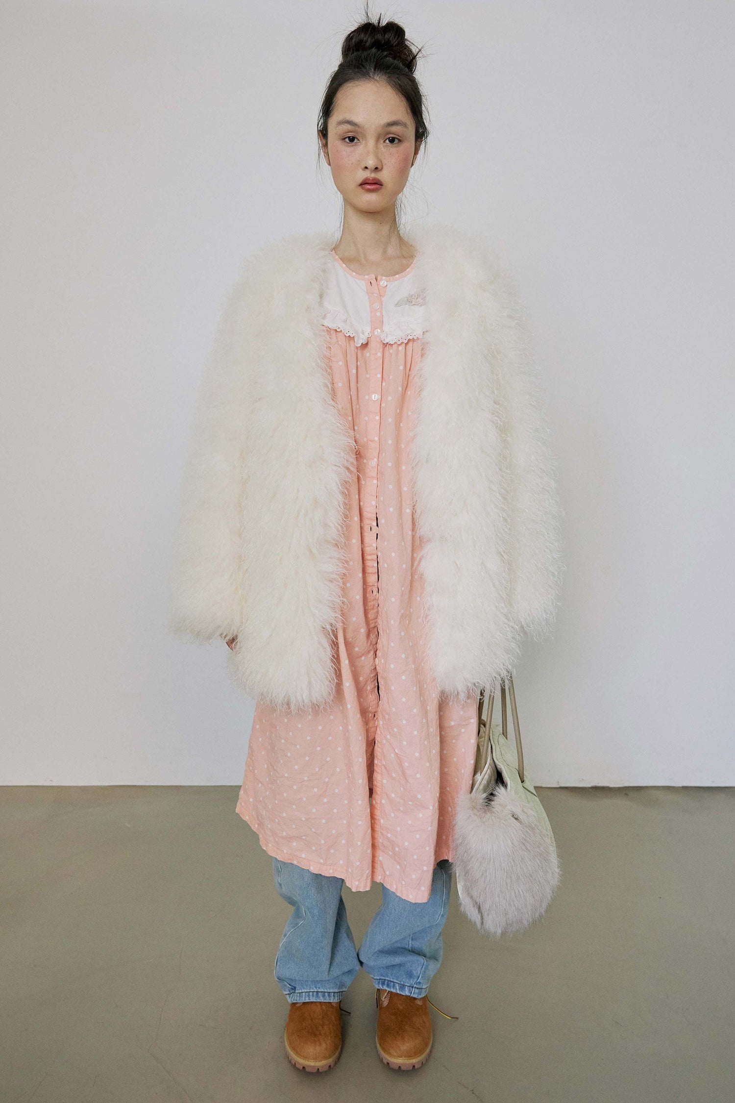 Faux Fur Middle Jacket White