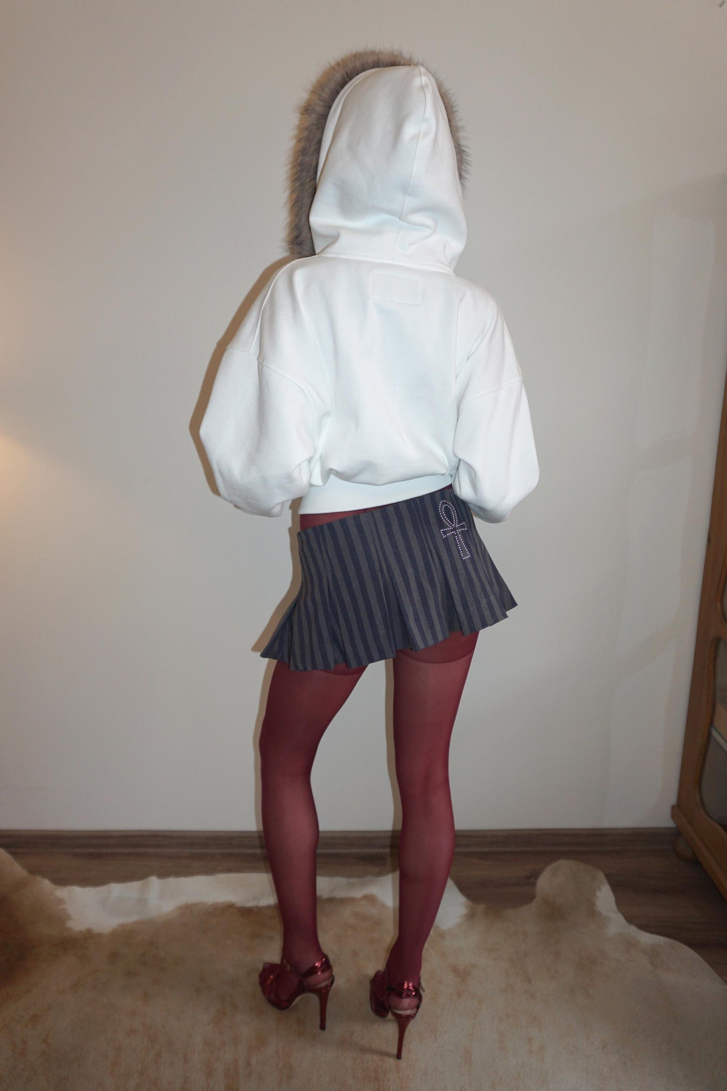 Faux Fur Trimming Hooded Zip-Up White