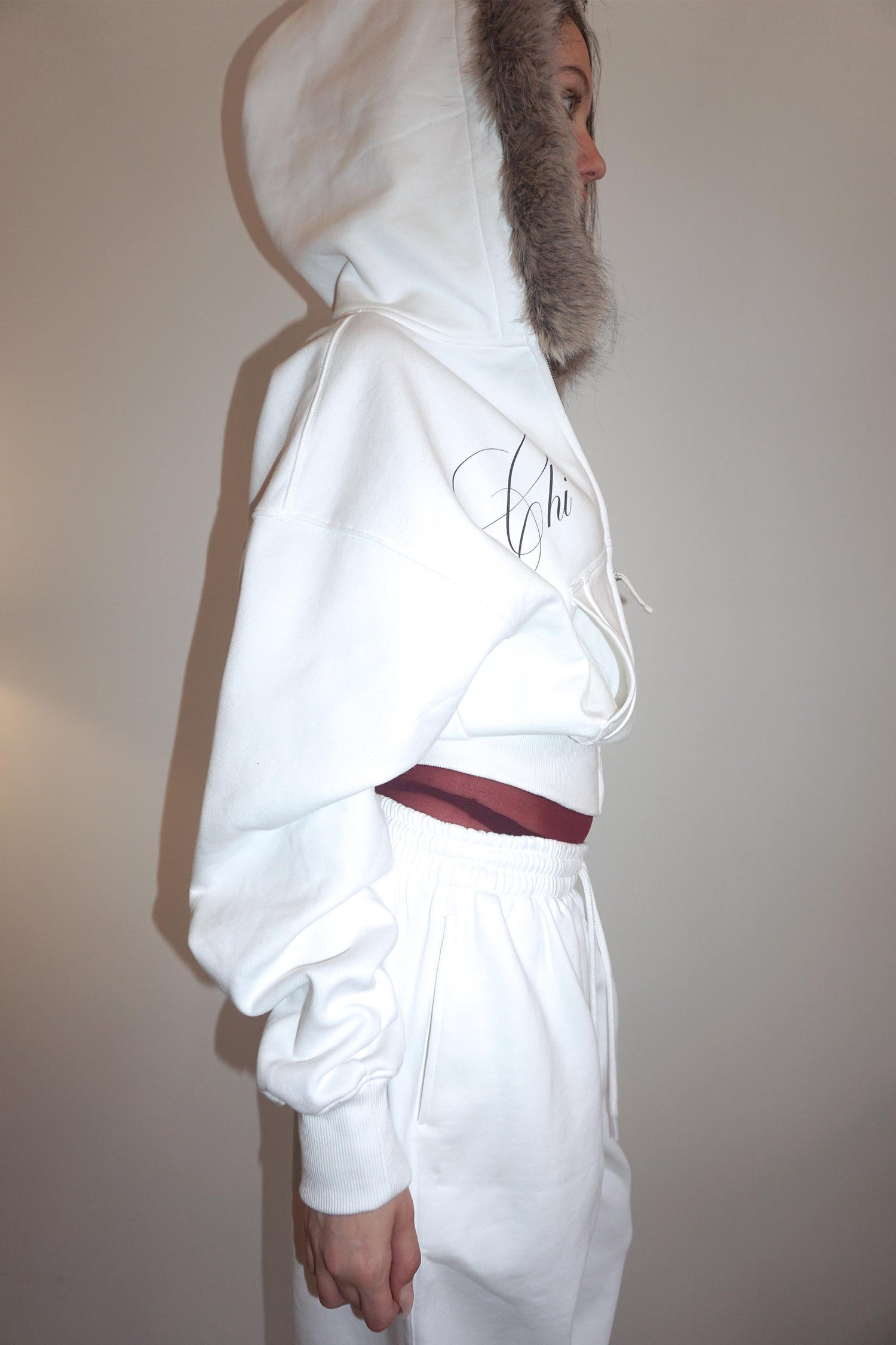 Faux Fur Trimming Hooded Zip-Up White