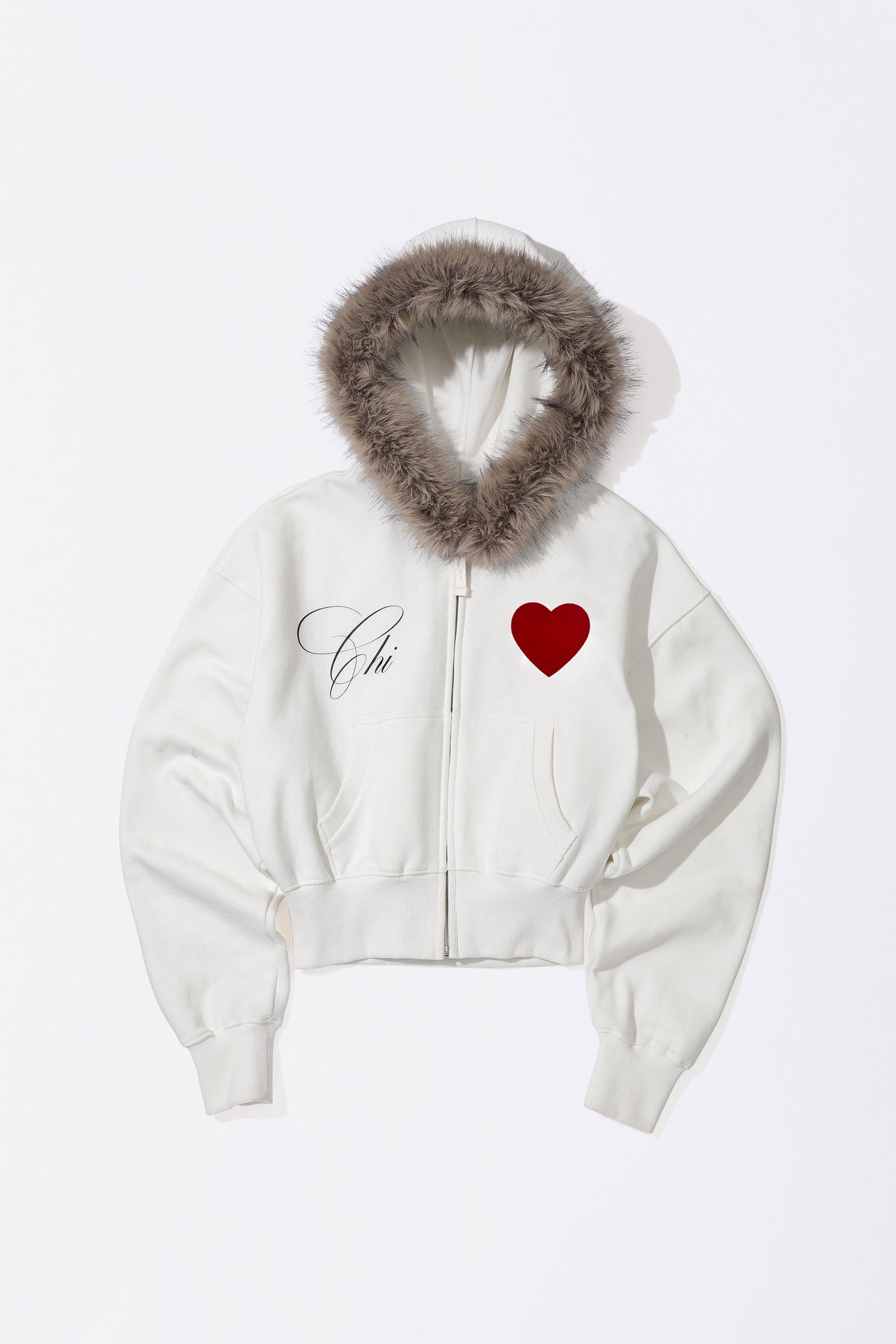 Faux Fur Trimming Hooded Zip-Up White